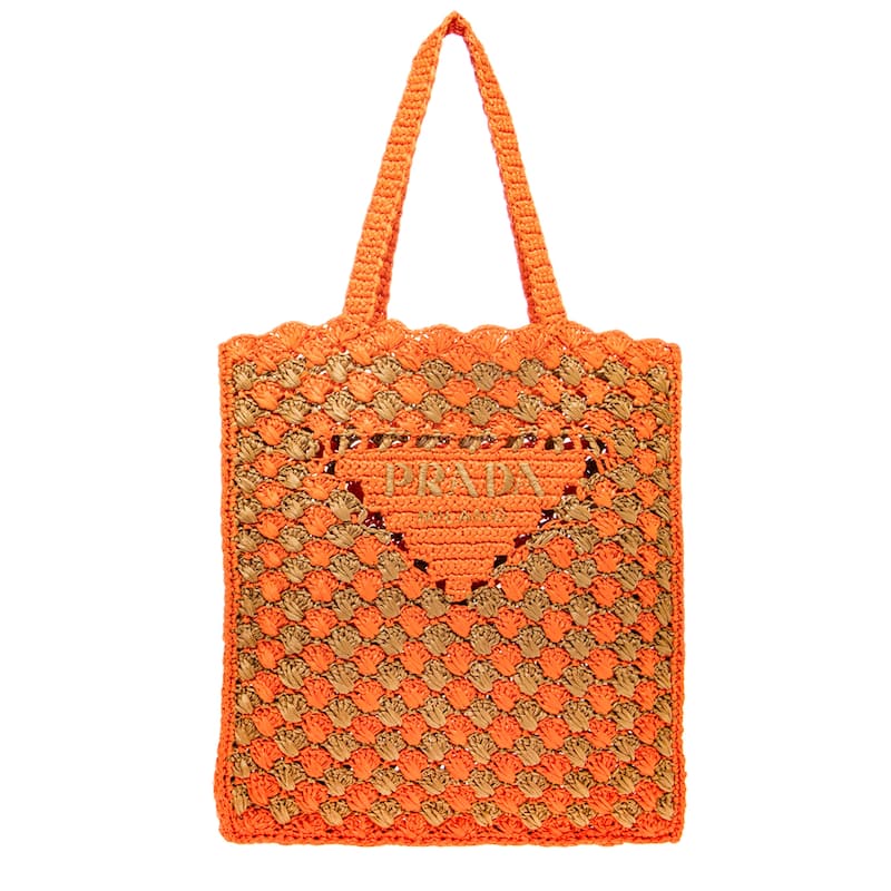 Prada Two Tone Crochet Logo Tote - Orange and Brown