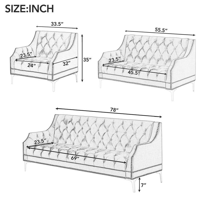 3Piece Tufted Backrest Sofa Set 3+2+1 Seater Sectional Sofa Set with