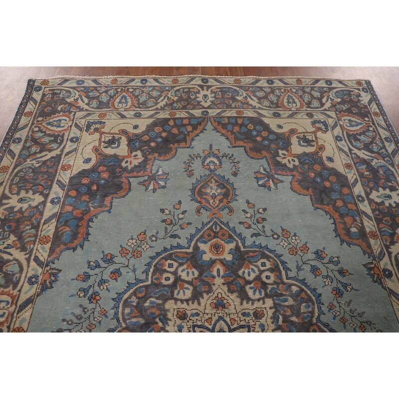 Over-Dyed Blue Tabriz Persian Vintage Rug Hand-Knotted Wool Carpet - 6'2"x 9'5"