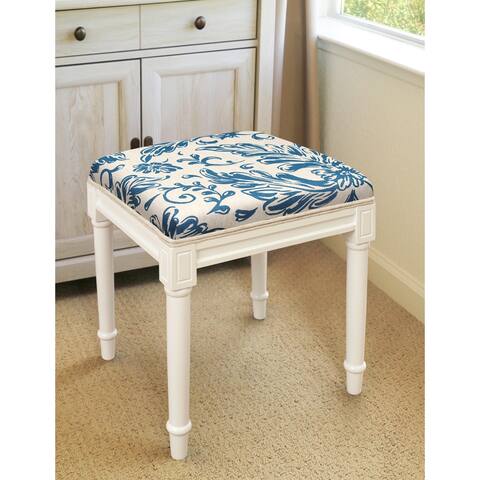 Navy Blue Tuscan Floral Vanity Stool with White Frame