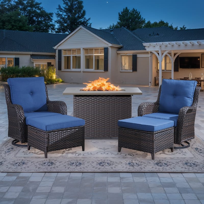 Fire Pit Table with Siwvel Chair Ottomans - Blue - Brown