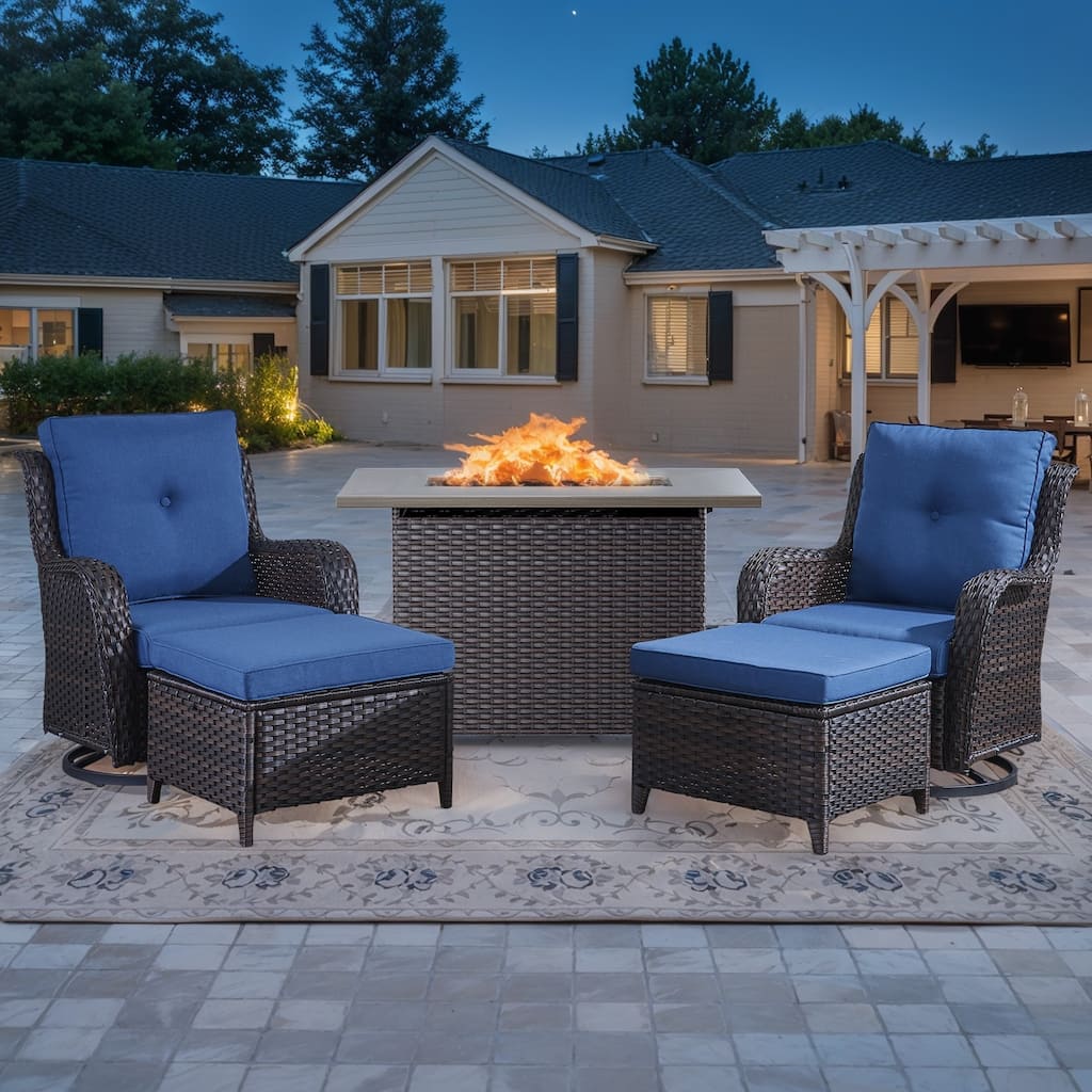Outdoor Swivel Patio Chair Ottoman with Fire Pit Table - Brown