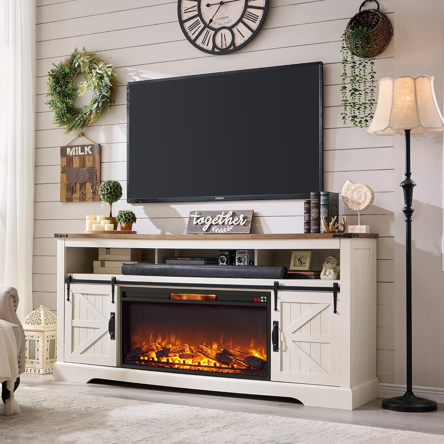 Farmhouse Fireplace TV Stand for 80 TV Rustic Entertainment Center Light Rustic Oak