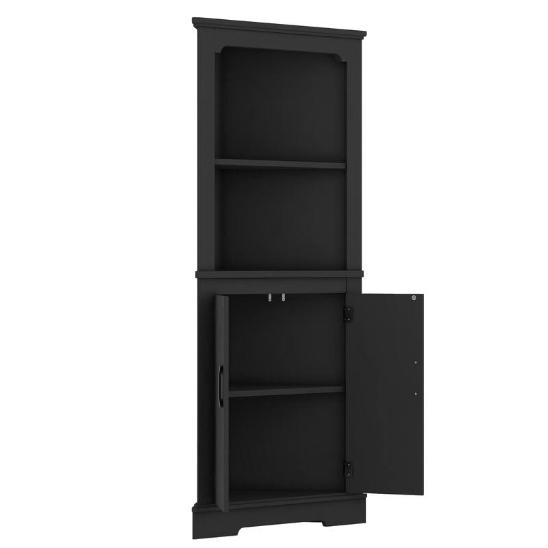 Corner Accent Cabinet with Barn Door & Open Shelves, Freestanding Corner Storage Cabinet