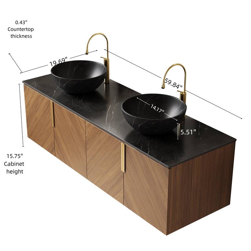 GDFStudio - Arai Modern 60" Floating Bathroom Vanity with Black Sintered Stone Countertop, Dual Ceramic Basin & 4 Doors
