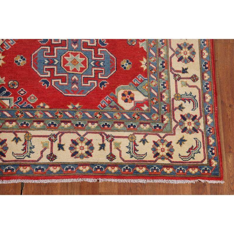 Geometric Red Kazak Area Rug Living Room Hand-Knotted Wool Carpet - 6'8" x 10'3"