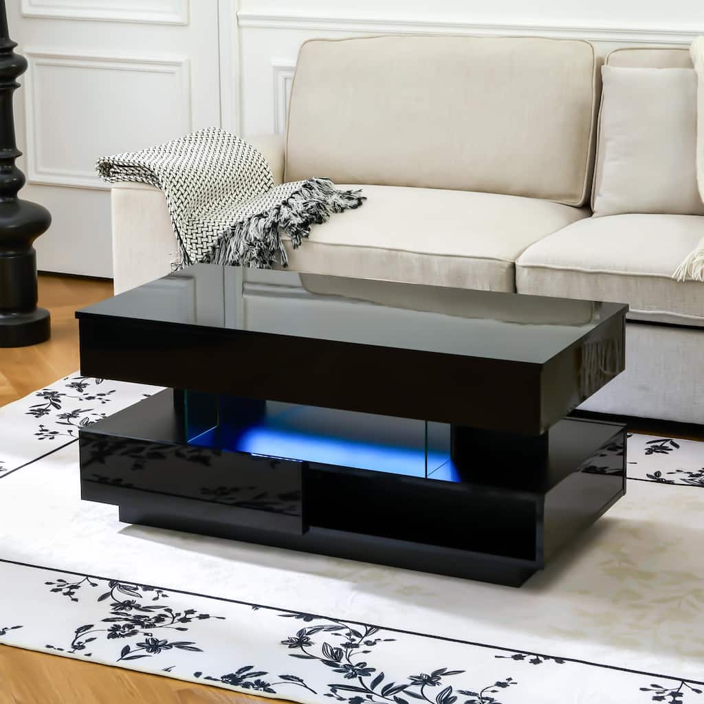 39.3" Lift Top Coffee Table with Hidden Compartment, 2 Storage Drawers and Adjustable LED Lights