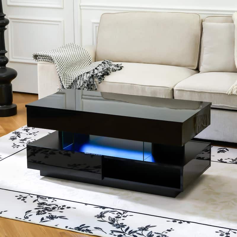 39.3" Lift Top Coffee Table with Hidden Compartment, 2 Storage Drawers and Adjustable LED Lights - Black