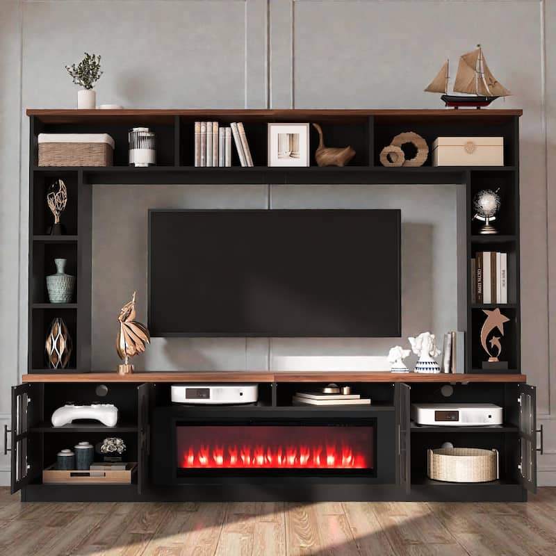 95.5" Wall Unit Entertainment Center with Electric Fireplace, Bookshelves, TV Stand for TVs up to 80" - Black Brown