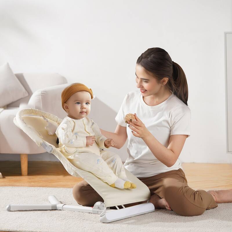 Beige Portable Baby Bouncer Chair with 2 Recline Positions and Foldable Rocker Seat with Toy Bar - 27” L x 16.1” W x 23.6” H