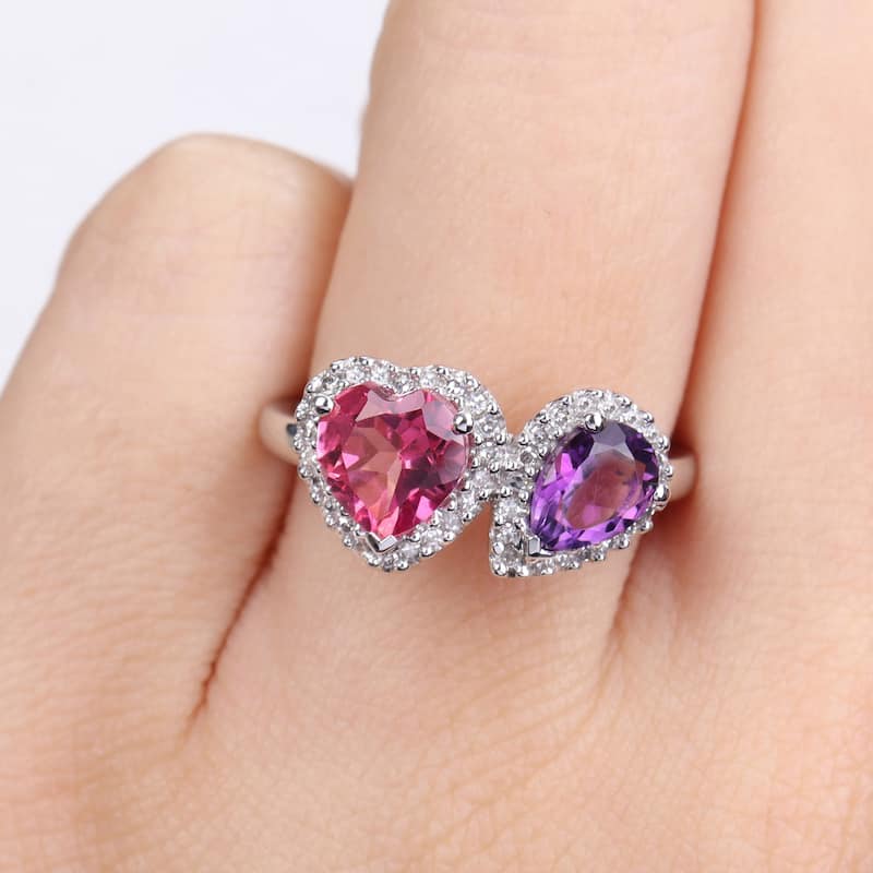 Miadora African-Amethyst Pink Topaz and 1/5ct TDW Diamond Heart-Pear Ring in 14kt White Gold