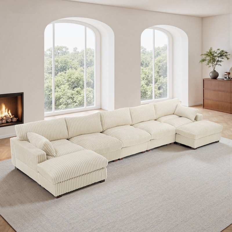 Modern Oversized Plush Corduroy Modular Sectional Sofa with 2 Ottomans