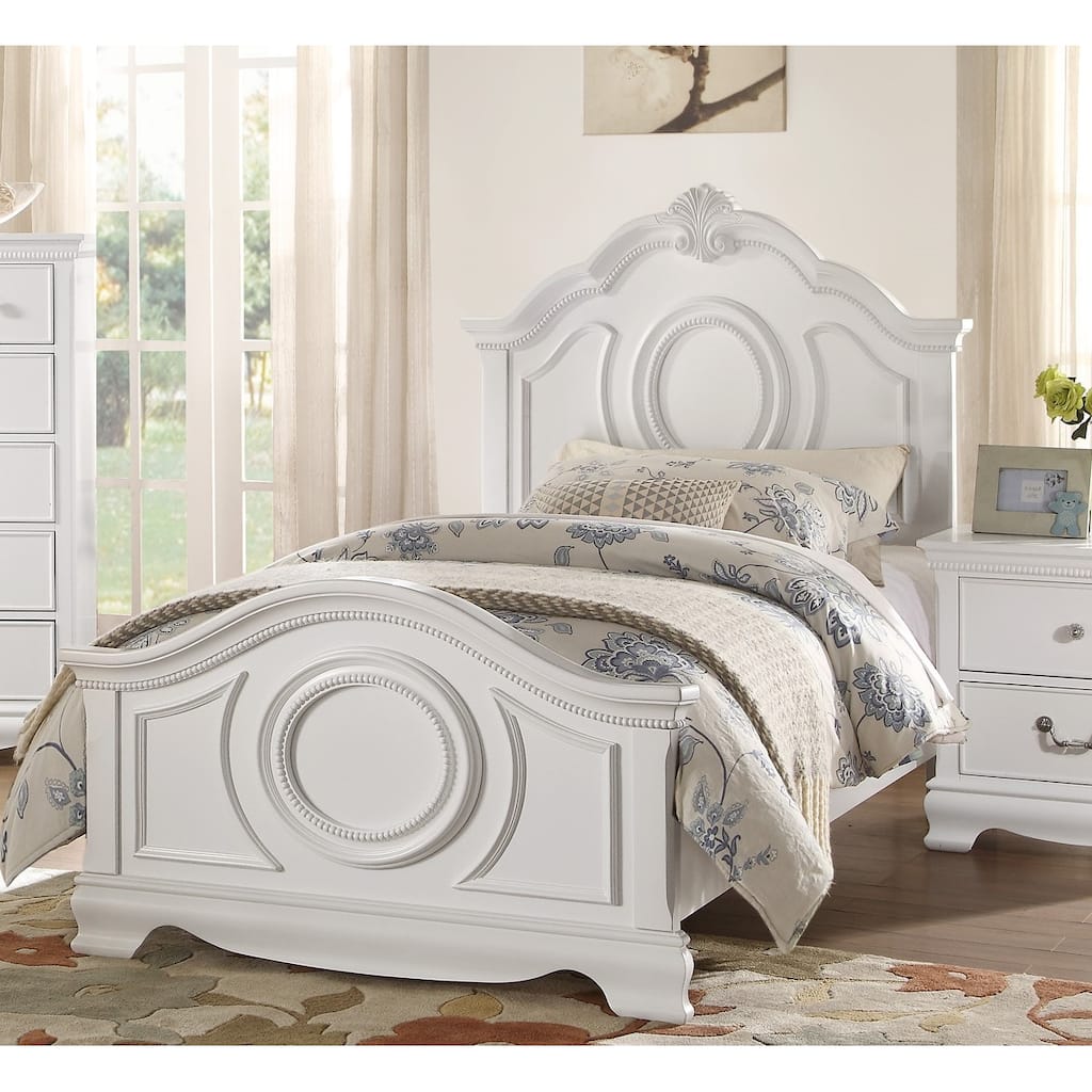 Full Size Traditional White Wooden Panel Bed with Headboard and Footboard