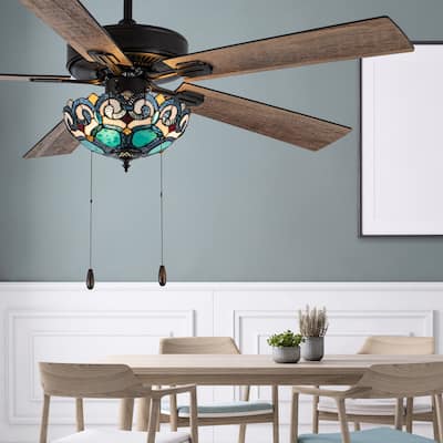 Astrid River of Goods Multicolored Oil-Rubbed Bronze and Stained Glass 3-Light 52-Inch Ceiling Fan - 52" x 52" x 14.75"/19.75"
