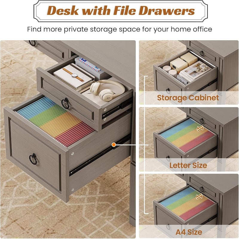 Farmhouse Executive L Shaped Desk Home Office Desk with Drawers and Storage Cabinet & Power Outlet