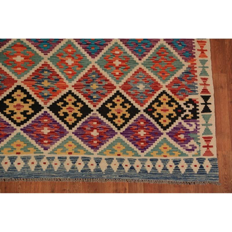 Reversible Trellis Kilim Oriental Area Rug Flatweave Wool Carpet - 8'2"x 9'8"