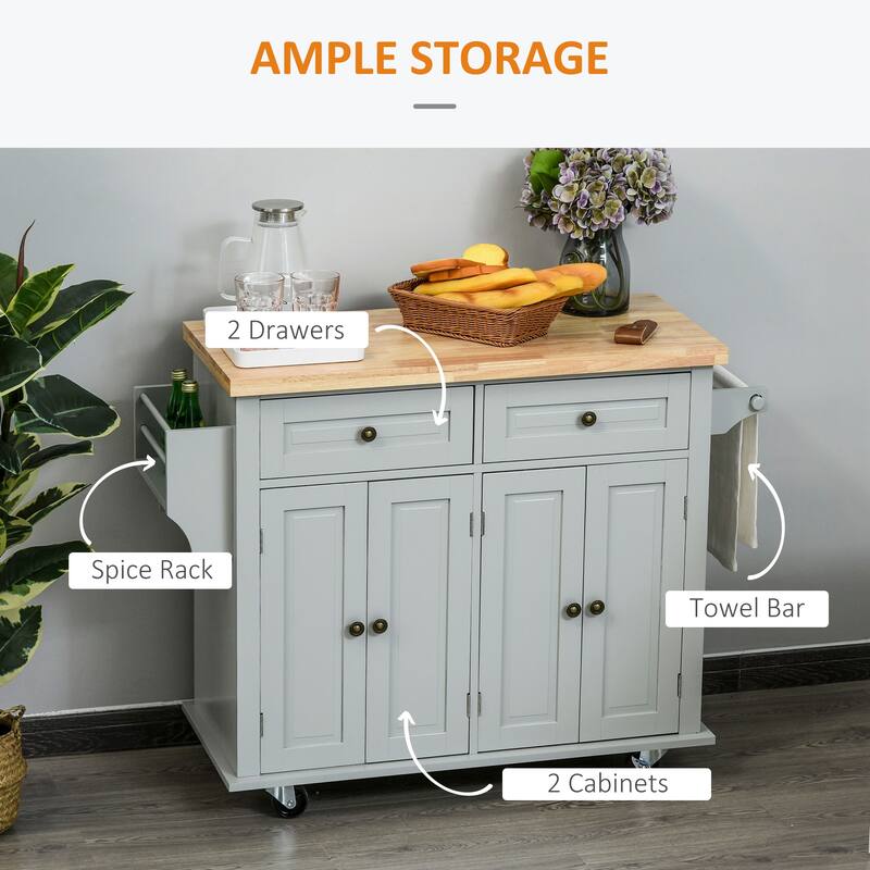 Rolling Cart with Rubberwood Top, Kitchen Island on Wheels with Spice Rack, Towel Rack and Drawers for Dining Room
