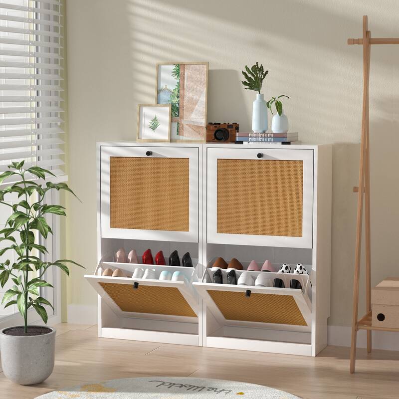 Anmytek 12 Pairs White Wood Rattan Shoe Storage Cabinet 2 Flip Drawers Slim Shoe Storage Organizer - 2-Tier