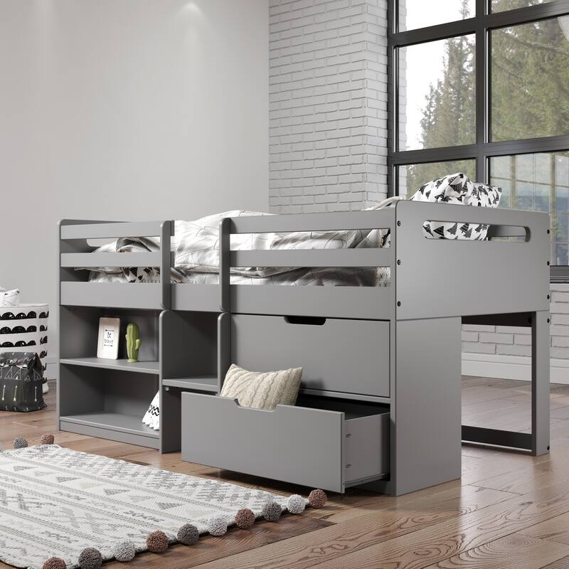 Twin Size Solid Wood Loft Bed with Storage and Fence