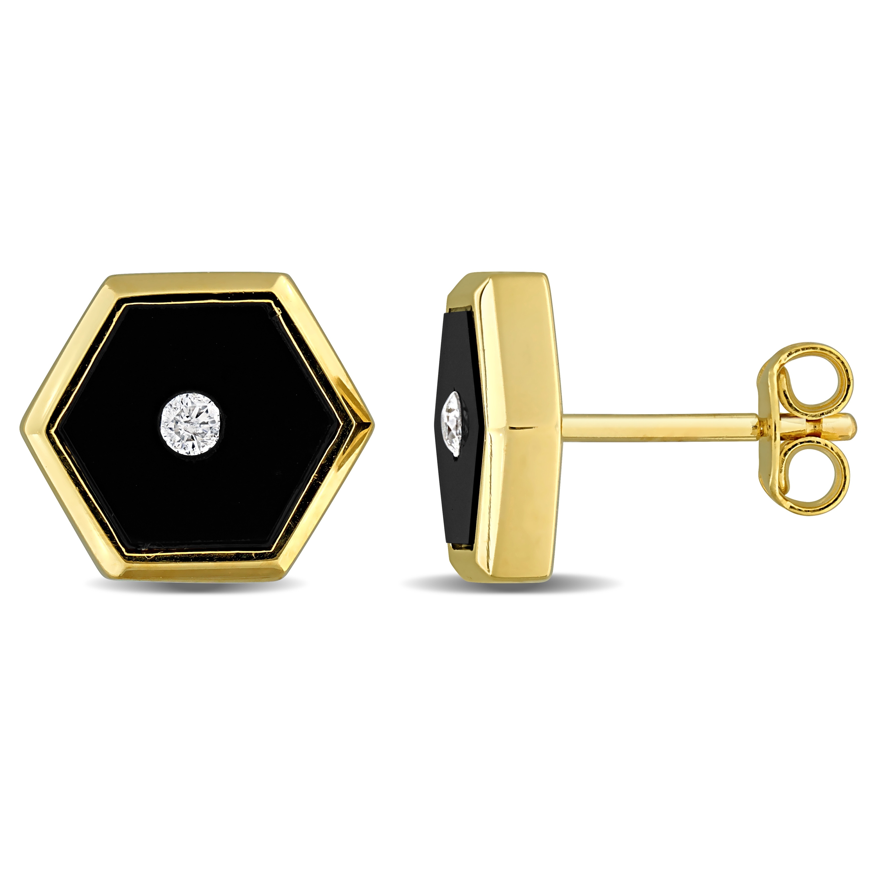 Miadora Black Onyx and Diamond Accent Hexagon Stud Earrings Yellow Silver 1/10ct TDW