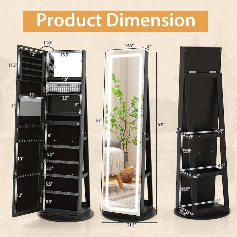 Costway 360° Swivel Jewelry Cabinet Organizer 3-Color LED Mirror with - See Details