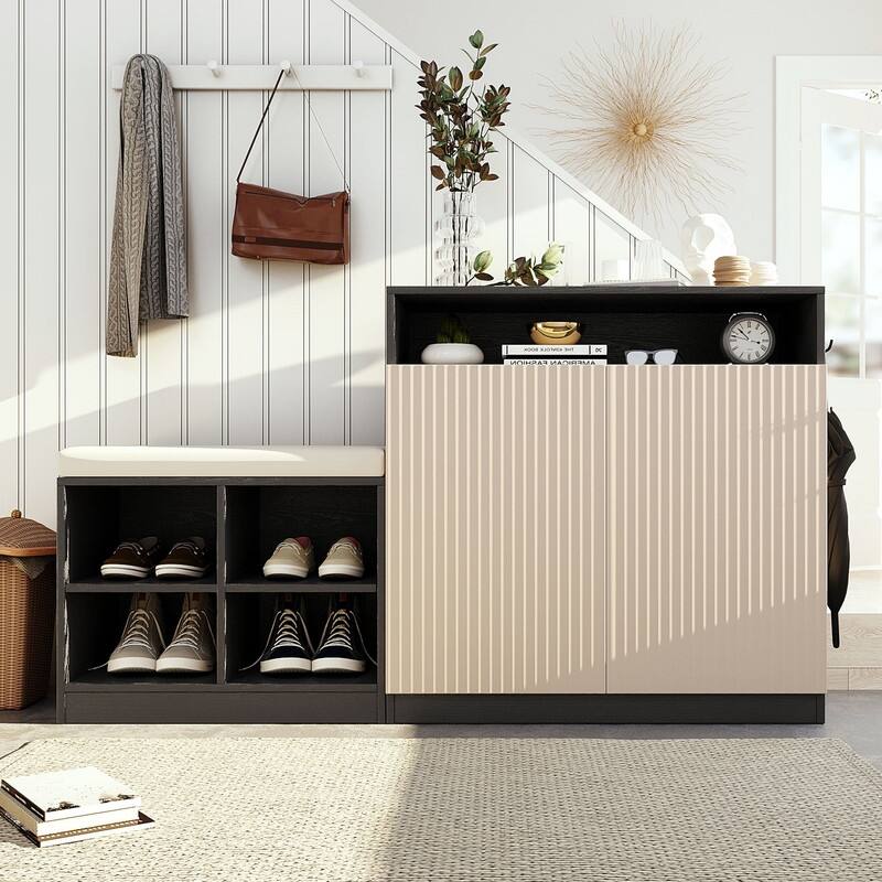 Entryway Bench Cabinet With Cushion, 2 Doors and 3-Tier Adjustable Shelves for Entryway Organization - Grey