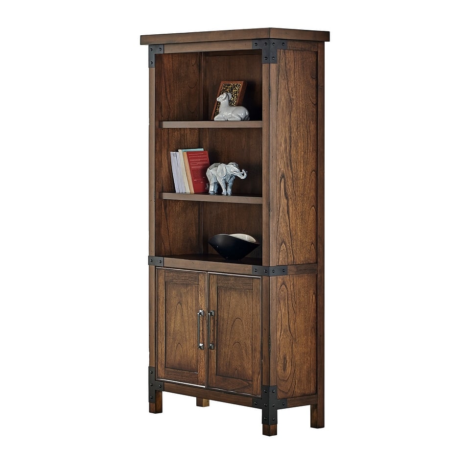 Addison Rustic Bookcase With Doors, Office Shelving, Storage Cabinet, Brown - 34"W x 72"H x 15"D