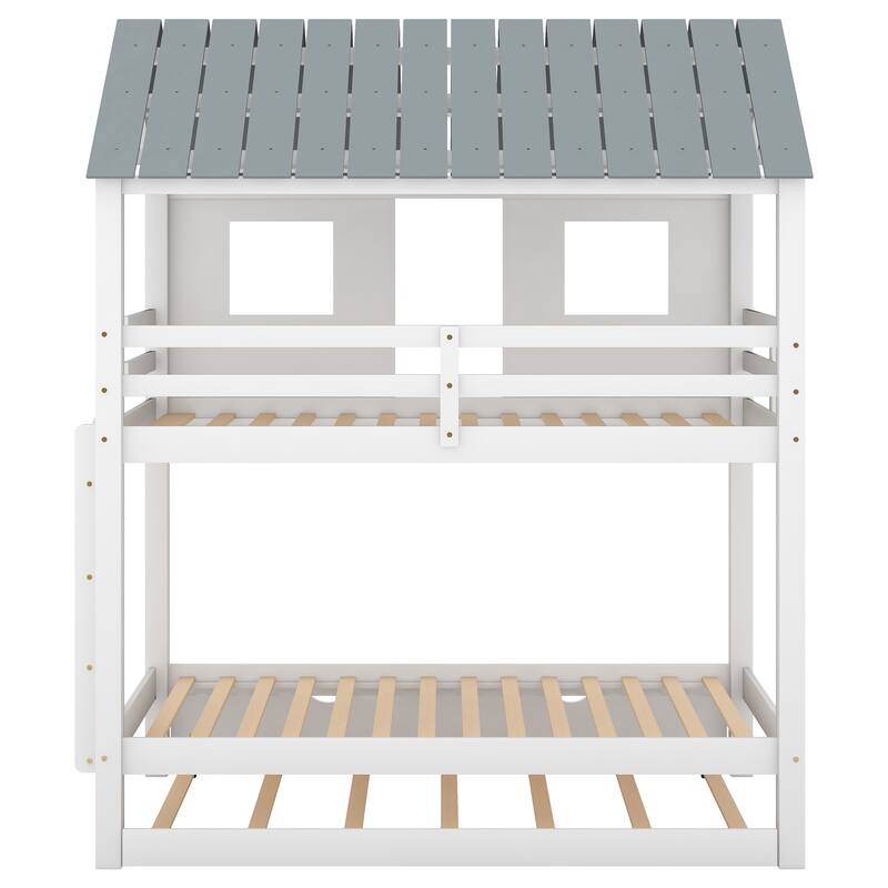 Roomfitters Twin Over Twin House Bunk Bed with Trundle, Roof and Windows, White and Gray