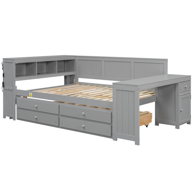 Bookcase Storage Bed, Full Size Daybed with Storage Shelves, Drawers, Trundle, Charging Station, Light, Desk and Cabinet