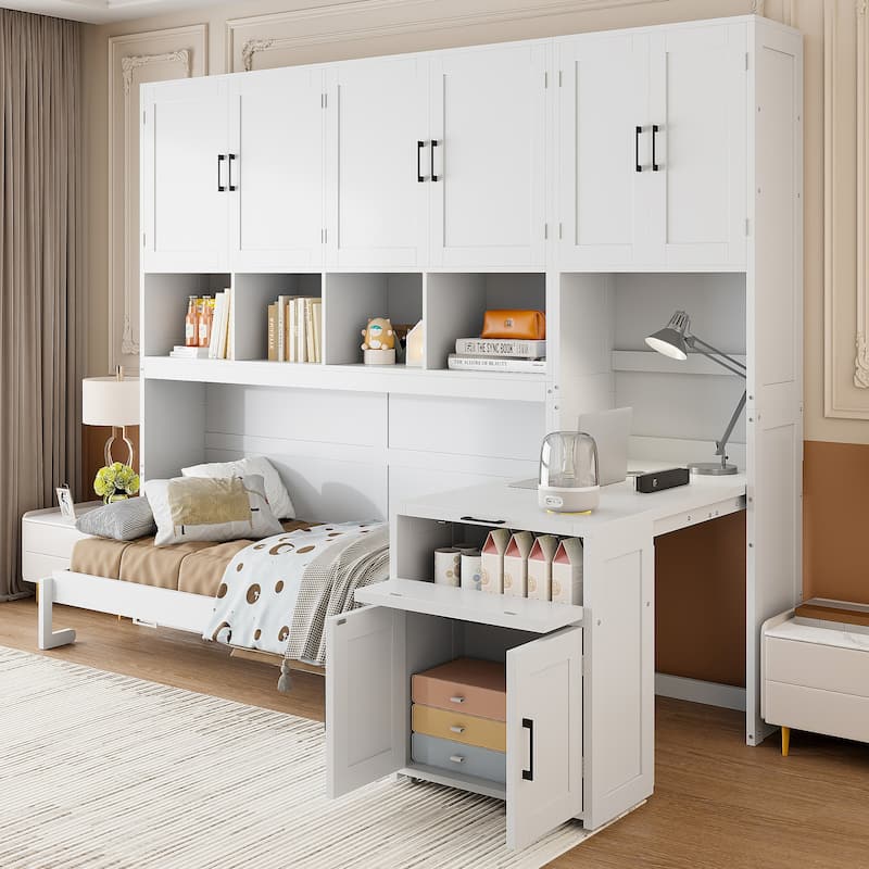 Twin Size Murphy Bed with Closet, Drawers, and Desk - Space-Saving Wall Bed with Storage - White - Twin