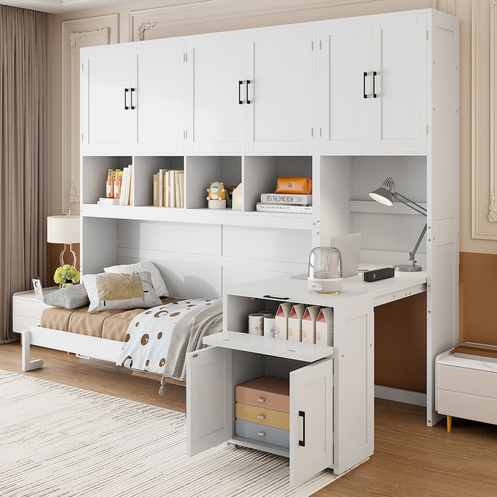 Twin Size Murphy Bed with Closet, Drawers, and Desk - Space-Saving Wall Bed with Storage
