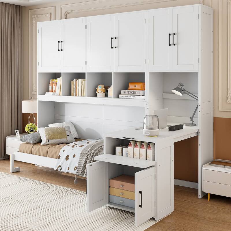 Twin Size Wood Murphy Bed with Desk, Foldable Wall Bed with Closet and Open Shelves, Hidden Cabinet Bed Frame with Drawers