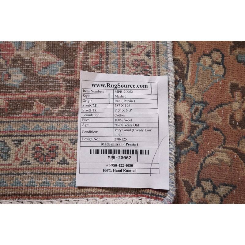 Traditional Pink Mashad Persian Vintage Rug Handmade Wool Carpet - 6'5"x 9'5"
