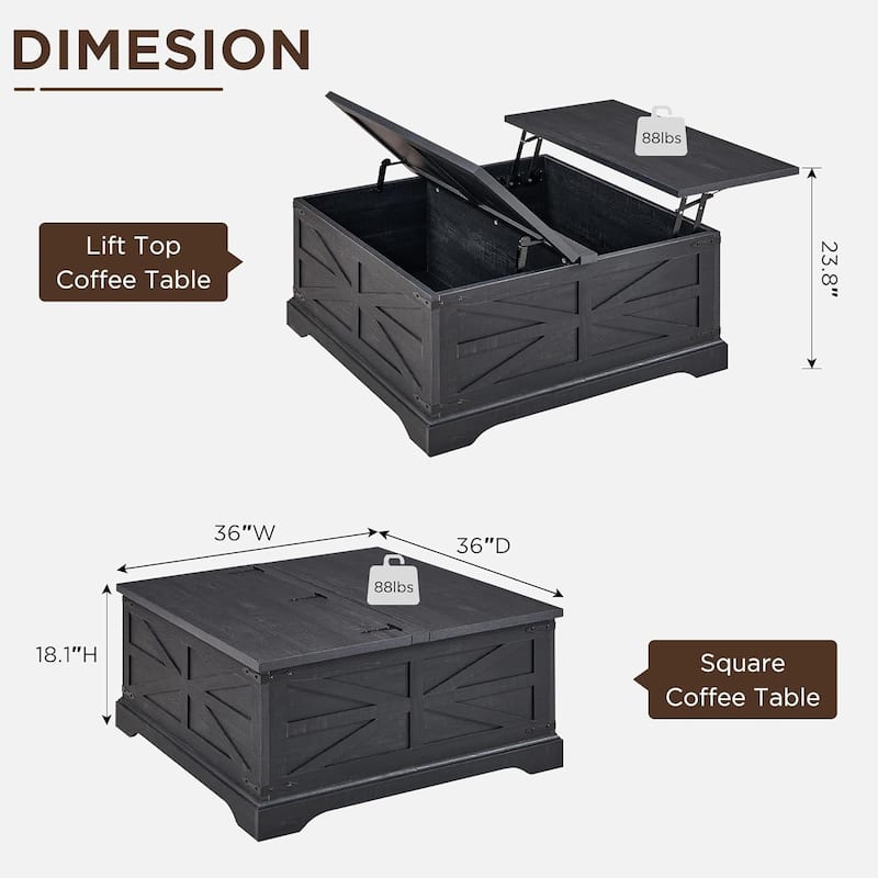 Farmhouse Lift Top Coffee Table with Storage, Wood Square Center Table