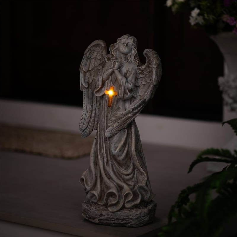 LED Solar Lighted Angel with Cross Garden Statue - 19"
