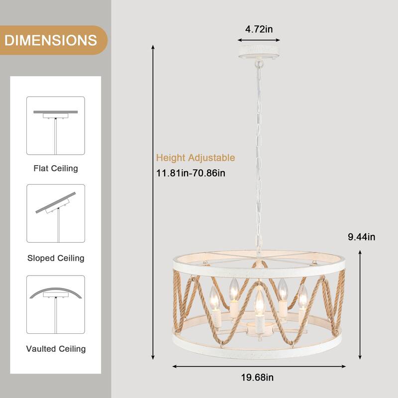 5-Light Hemp Rope Candlestick Hanging Linear Chandelier Lighting with Cloth Cover for Kitchen Island