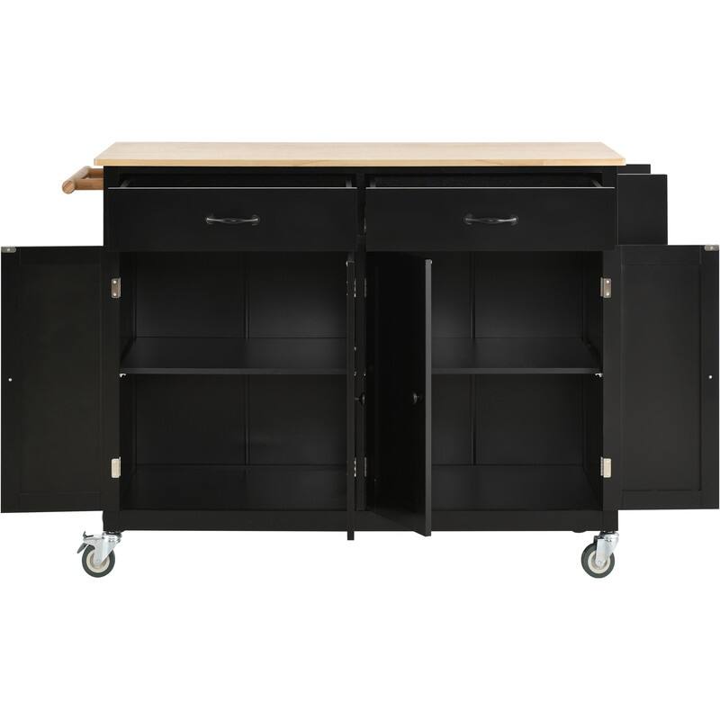 35"W Kitchen Island Cart with Solid Wood Top and Locking Wheel，4 Door Cabinet and 2 Drawers，Spice Rack, Towel Rack and Handle