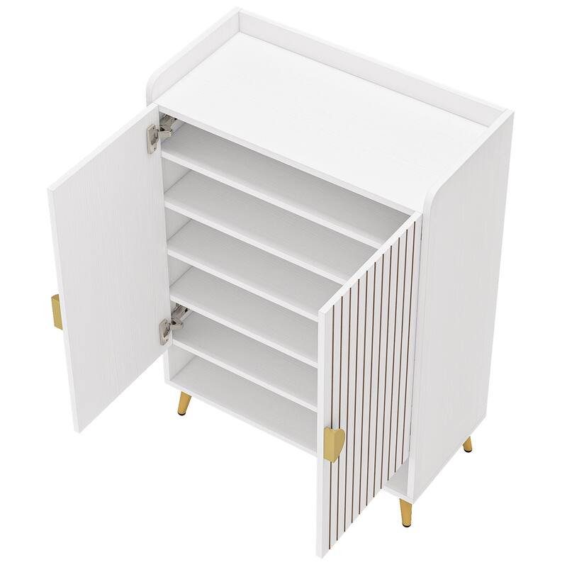 29" White & Gold Wooden Shoe Cabinet with Doors, 7-Tier