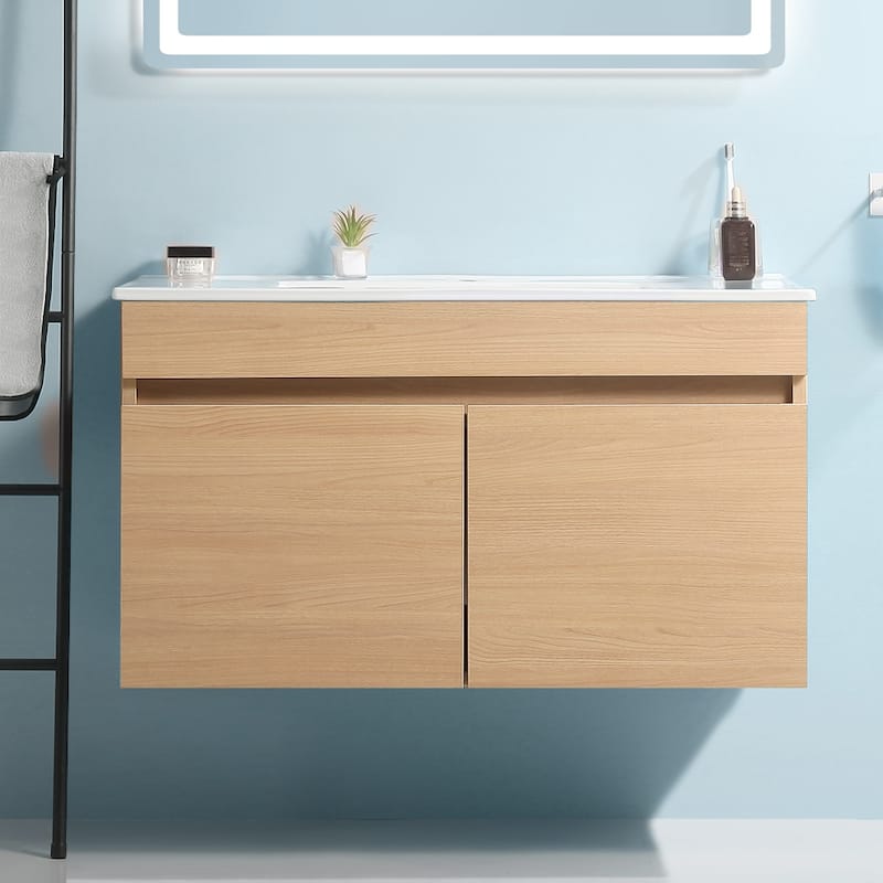 36"Wall Mounted Bathroom Vanity with White Ceramic Basin,Two Soft Close Cabinet Doors,Solid Wood,Excluding faucets