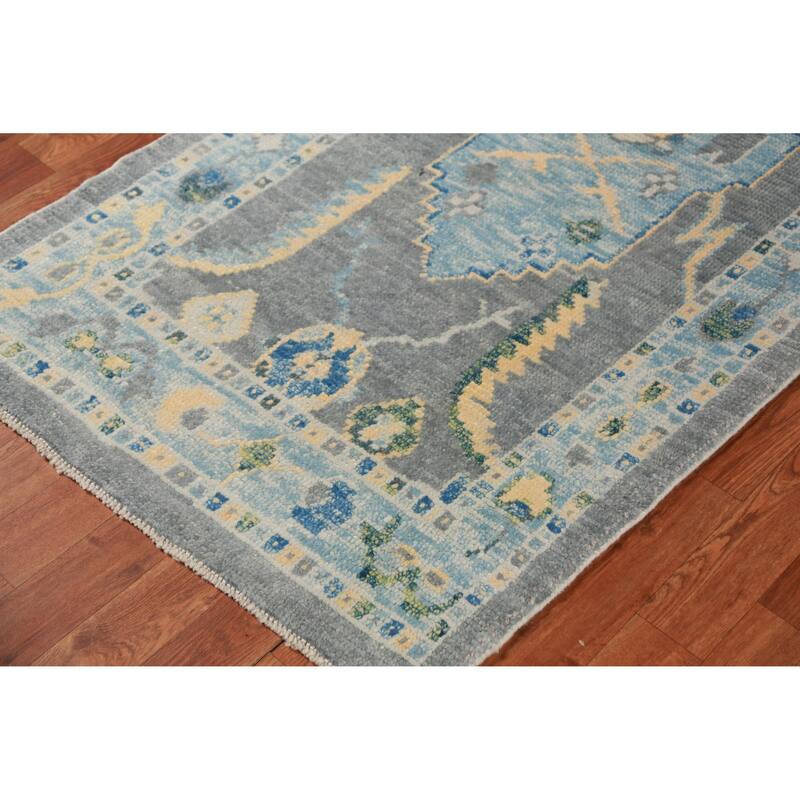 Hand Knotted Oriental 100% Wool Carpet Transitional Geometric Greys & Charcoal Oushak Runner Rug - 15' 0'' X 3' 2''