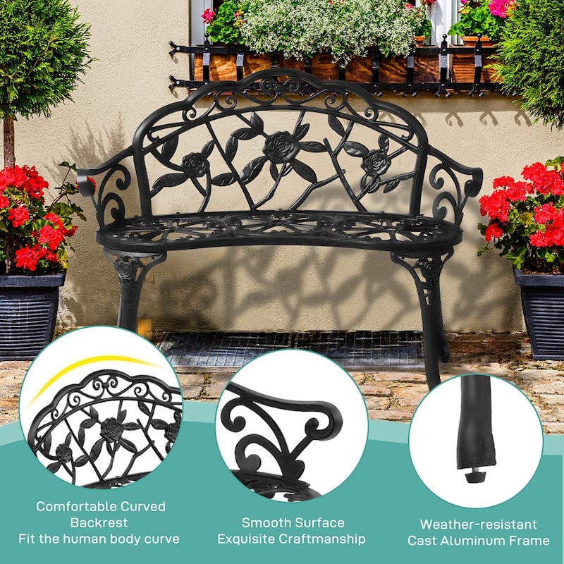 Outdoor Cast Aluminum Patio Bench with Curved Legs Rose Pattern