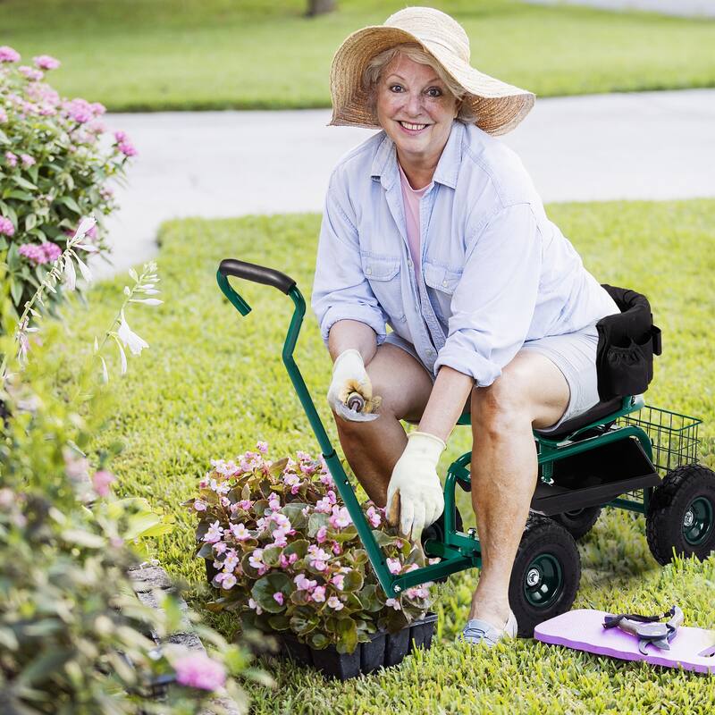 Rolling Garden Cart with Cushioned Backrest & Seat, Outdoor Gardening Stool for Planting, Garden Scooter - 35 x 29.1 x 23.6
