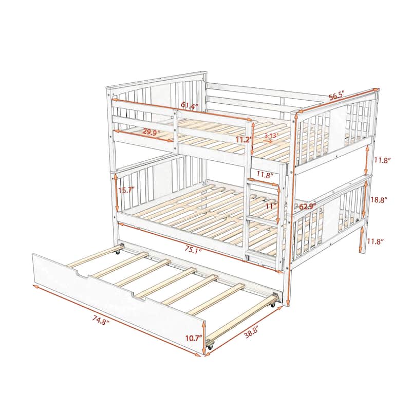 Solid Pine Full over Full Bunk Bed with Twin Trundle & Ladder, Converts into 2 Full Beds Bed