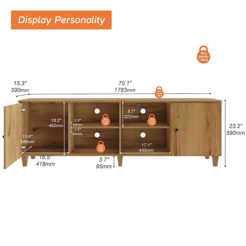 WAMPAT Wooden TV Stand with Doors, Mid-Century Entertainment Center