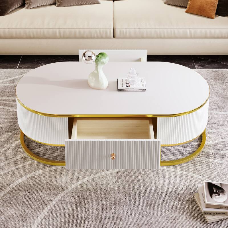Oval Coffee Table Center Table with Drawers - White+Gold