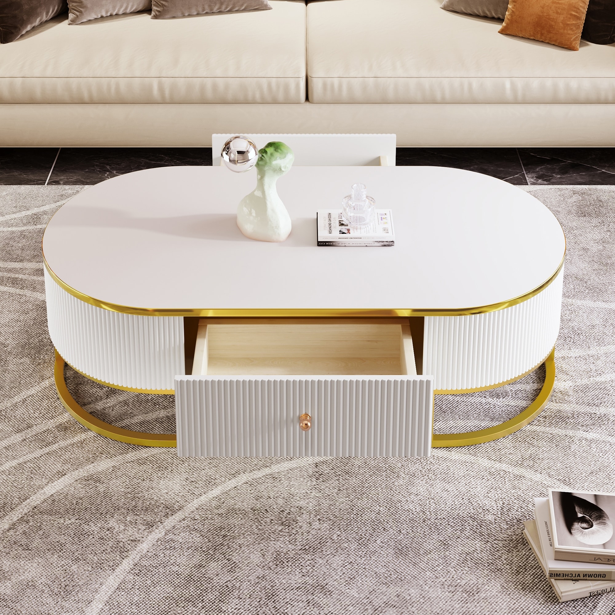 Roomfitters Modern Oval Coffee Table with Storage, Gold Metal Base, Curved Profile Design, White Center Table 47.2"