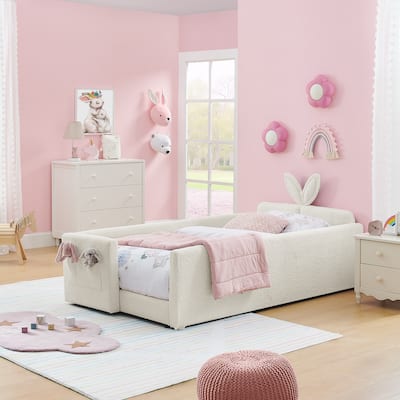Twin Size Upholstered Princess Bed, Cute Kids Princess Bed Frame, Boucle Fabric Princess Platform Bed with Rabbit Ear Headboard