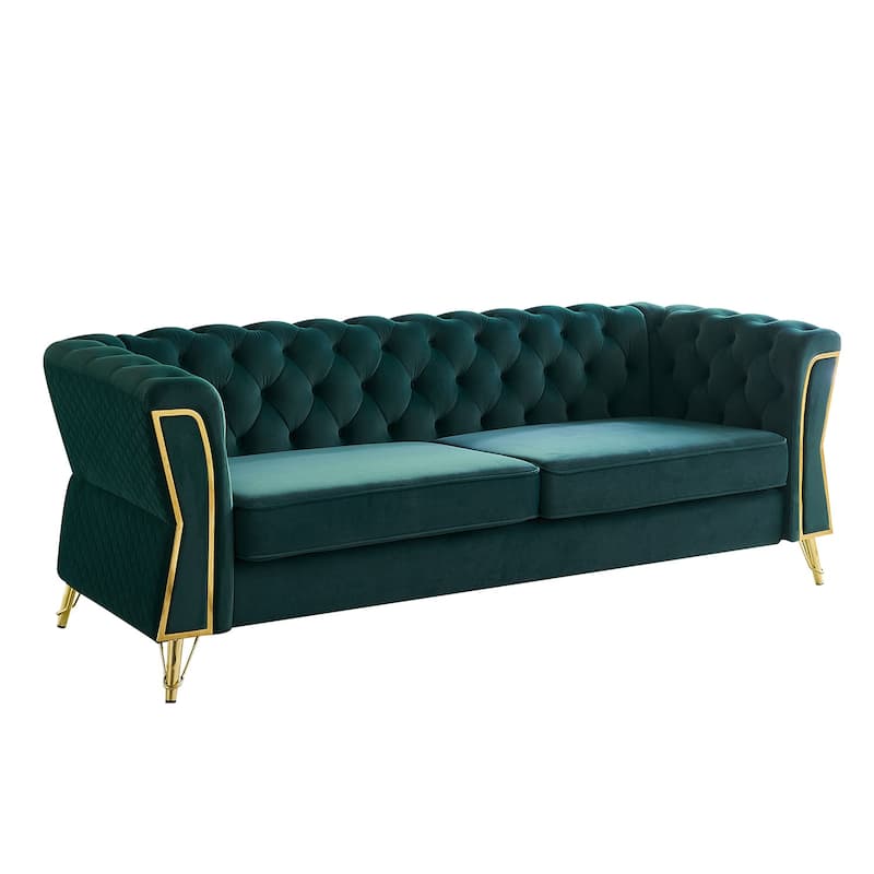 Modern Tufted Velvet Sofa 87.4 Inch For Living Room Green Color