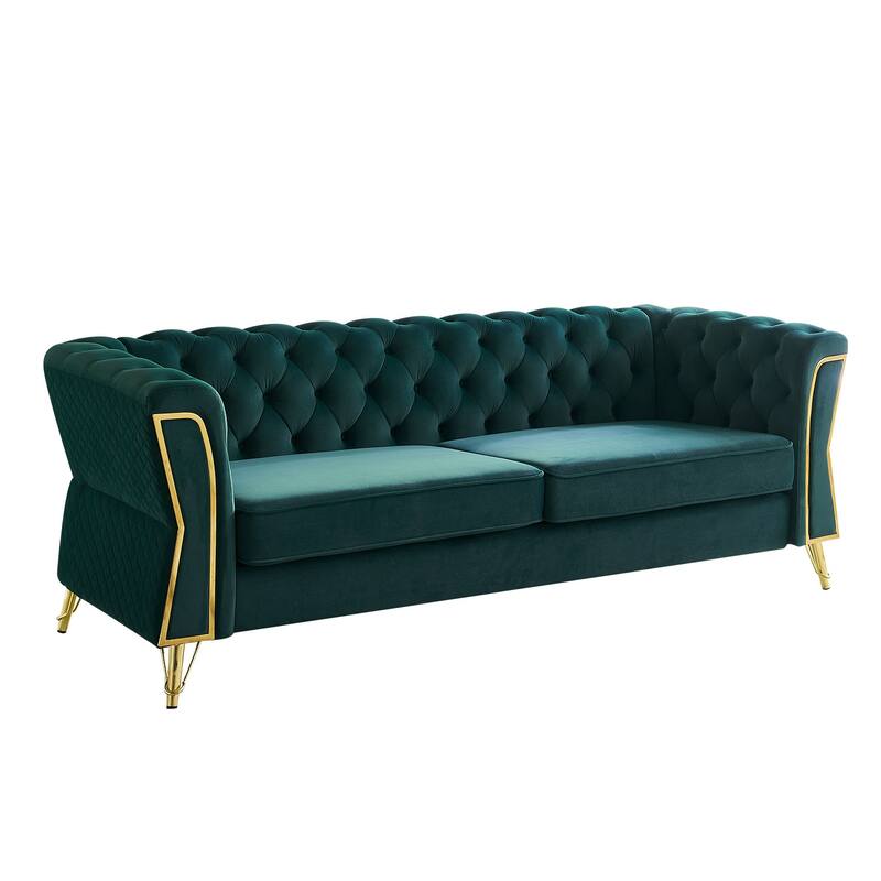 Tufted Velvet Sofa with Golden Metal Frame, Diamond-Stitched Design, and Foam Cushion for Living Room