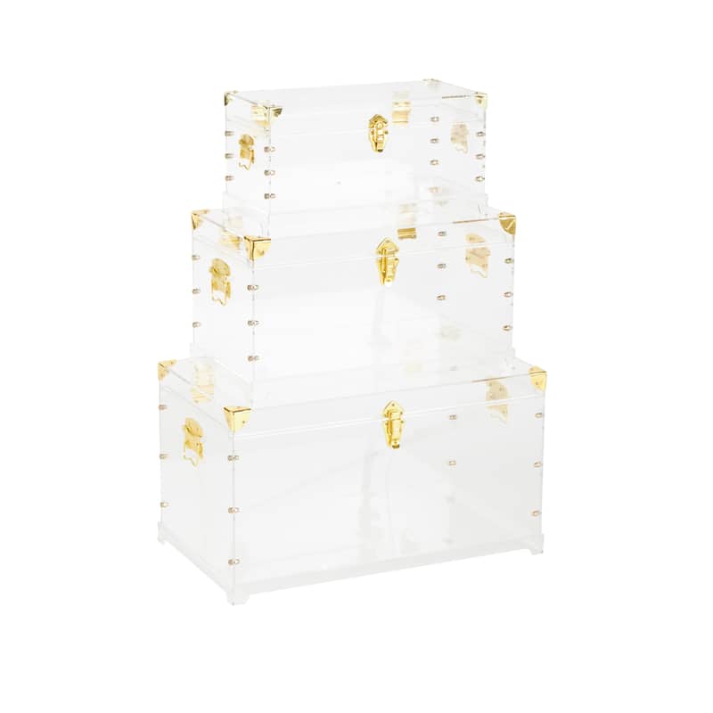Acrylic Plastic Storage Trunk with Gold Metal Hardware and Studded Details - Set of 3 Clear - Roche River Decor